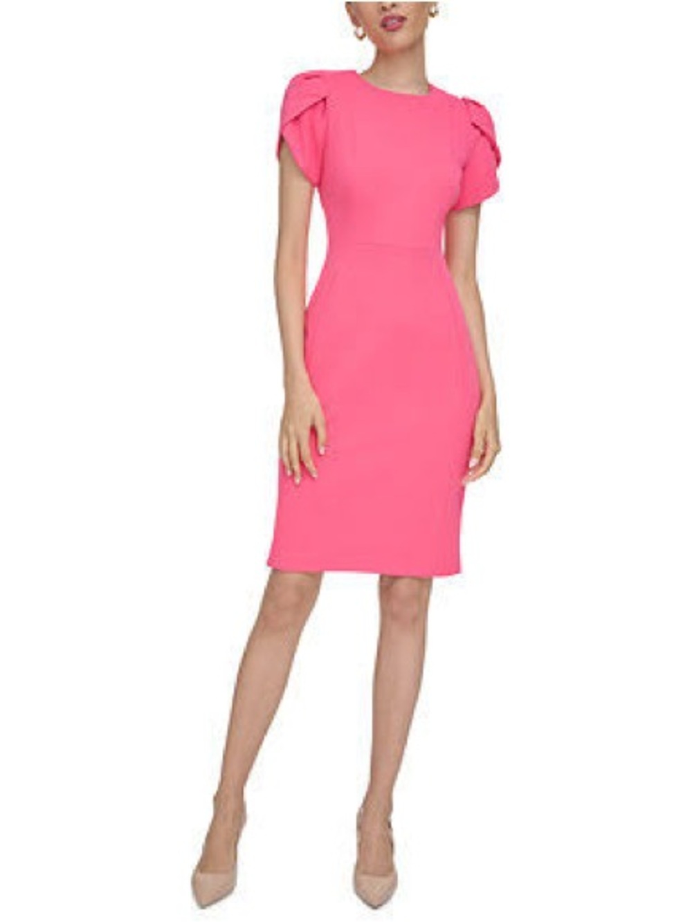 NWT Calvin Klein Tulip Sleeve Crepe Sheath Dress Hibiscus Pink Pageant Wedding